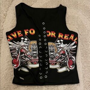 Black Graphic Lace-Up Tank Top